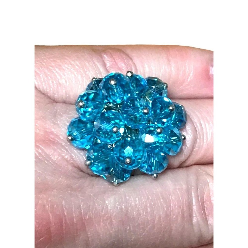 Vintage Aqua Blue Faceted AB Crystal Bead Cluster Cocktail Ring Adjustable - Picture 3 of 10